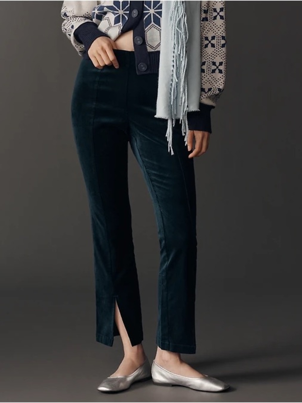 Anthropologie MAEVE HIGH-RISE SPLIT-FRONT VELVET SKINNY PANTS Sea Green